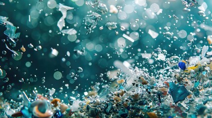 Background with microplastic particles floating in ocean or sea water. Environmental plastic pollution problem of rubbish and trash - 789258438
