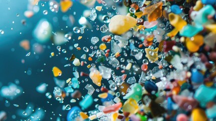 Background with microplastic particles floating in ocean or sea water. Environmental plastic pollution problem of rubbish and trash - 789258446