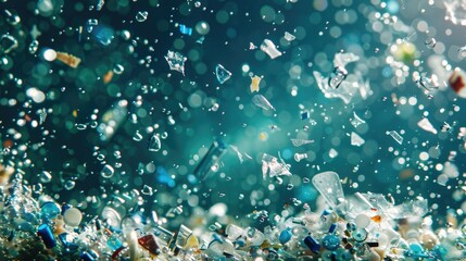Background with microplastic particles floating in ocean or sea water. Environmental plastic pollution problem of rubbish and trash - obrazy, fototapety, plakaty