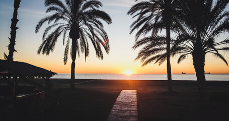 Serene beach sunset Spain with wooden pathway, palm trees, and distant ships. Perfect maritime...