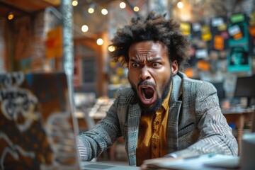Black man with an afro hairstyle expressing alarm and yelling at something on his laptop screen in a colorful setting - obrazy, fototapety, plakaty