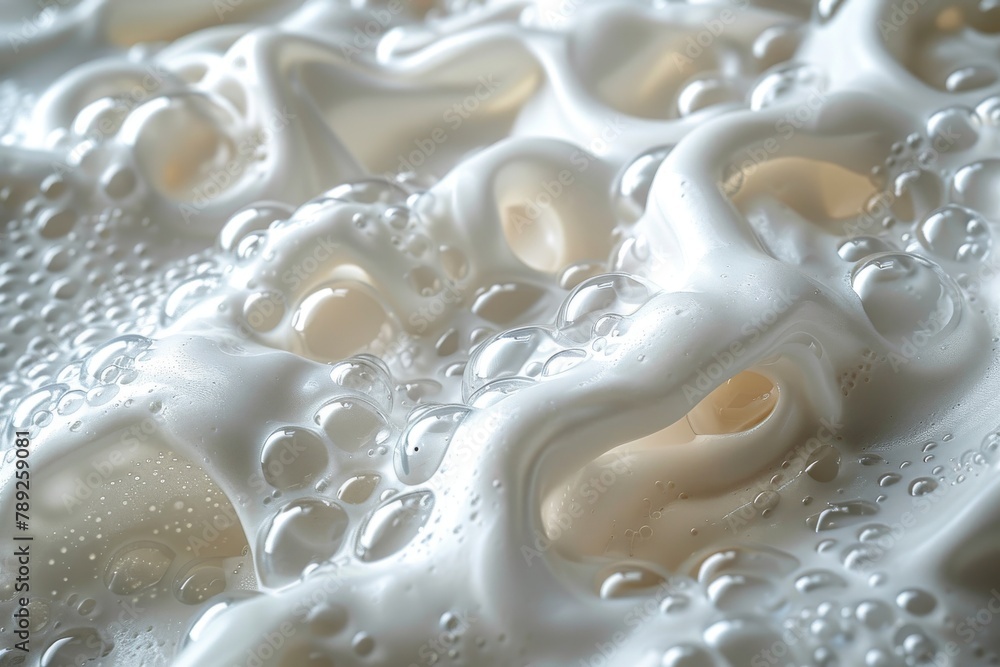 Poster a close-up macro image revealing the intricate patterns of milk bubbles and swirling textures