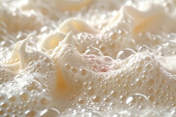A macro shot capturing the delicate details and texture of milk froth with tiny bubbles creating an organic pattern