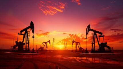 Saudi price war, oil market prices drop concept. Oil pumps, drilling derricks from oil field silhouette at sunset. Crude oil industry, petroleum production 3D background with pump jacks, drill rigs