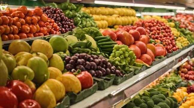 Pan shot of shelves stocked with colorful fruits and vegetables in a produce market.
