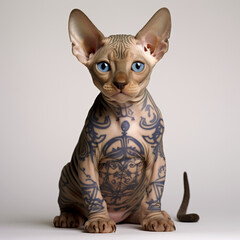 adorable sphynx cat baby with large glossy blue eyes and calligraphy tattoos сreated with Generative Ai