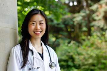 Happy female Asian student intern wearing white coat with stethoscope.