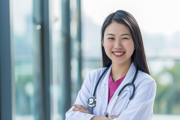 Smiling female Asian doctor medical worker wearing white coat with stethoscope in a hospital.