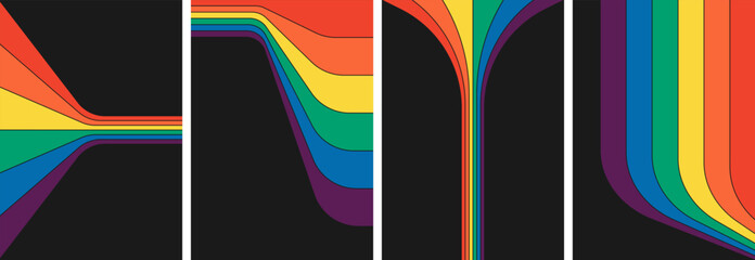 Retro groovy rainbow color striped poster. Geometric hippie rainbows path on prints. Vintage hippy style various abstract iridescent flow stripes. Trendy minimalistic y2k colourful spectrum vector art
