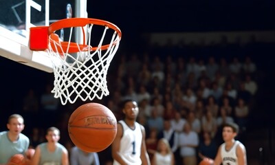 A basketball approaching the hoop with a crowd in the background
