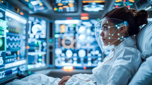 Female astronaut in space suit and helmet sitting in space shuttle, ready for her intergalactic adventure - Powered by Adobe
