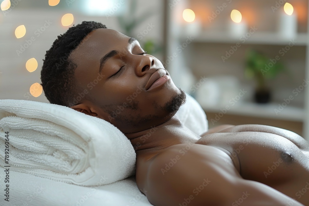 Poster a serene setting captures a man lying down enjoying a relaxing spa treatment with soft towel bedding
