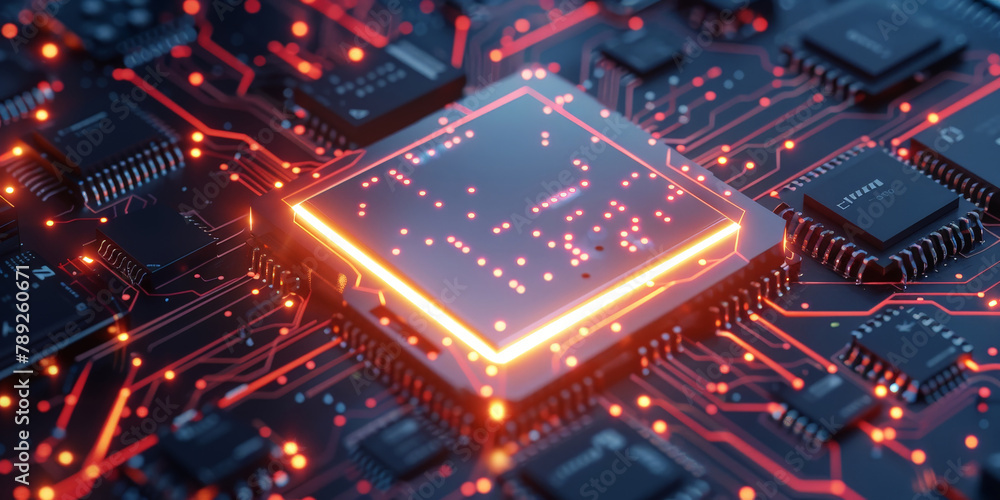 Poster a closeup of an integrated circuit board with processor on colorful bokeh light, technology