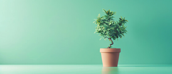 Money and tree in flower pot on green background 