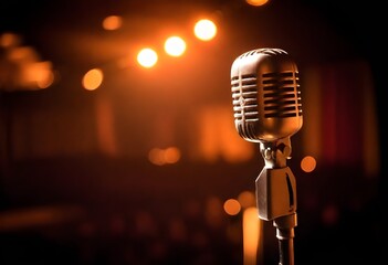 Vintage microphone with a warm backlight on a stage, bokeh lights in the background