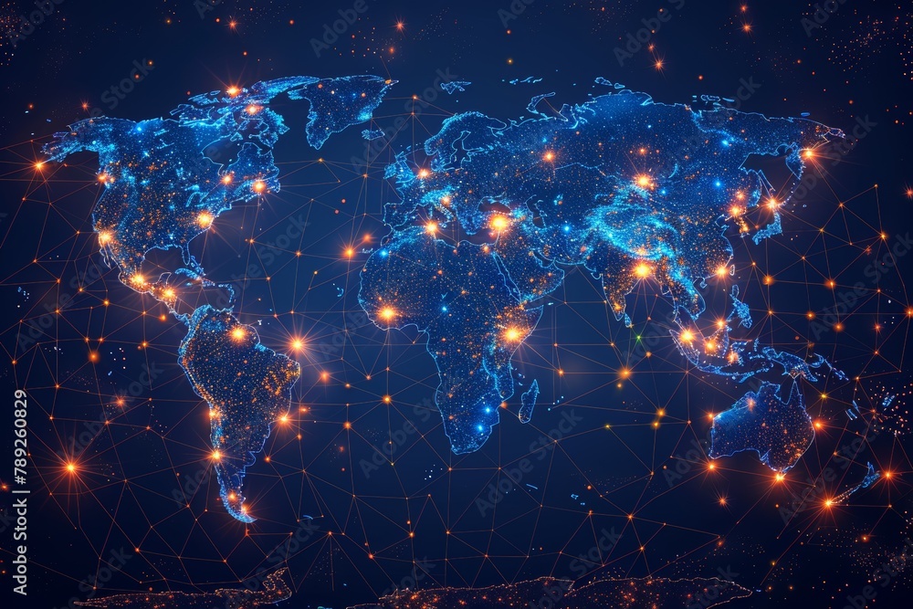 Poster a futuristic rendition of a global map highlighted by glowing network lines, illustrating technology