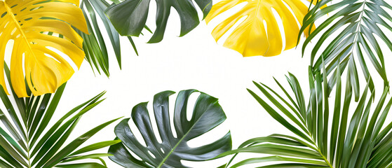 Monstera delicious and yellow palm tropical leaves 
