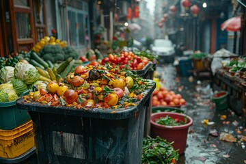 Fototapeta na wymiar A market alley presents the contrast of fresh produce overflowing from a refuse bin amidst a backdrop of urban decay