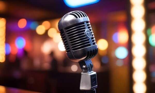 Close-up of a vintage microphone with a colorful bokeh background