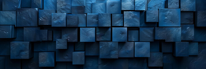 Dark blue cubes , blue geometric shapes of mini 3d blocks, copy space - obrazy, fototapety, plakaty