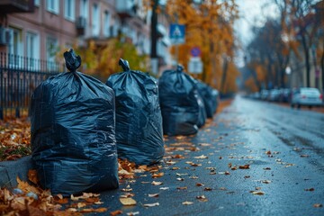 Rows of full black garbage bags line a wet street, with autumn leaves scattered and a hint of traffic