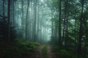 : A misty forest with fog rolling in, with a narrow path leading to a mysterious, hidden clearing