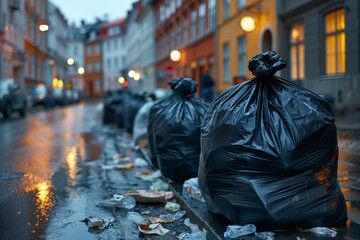 Black garbage bags stacked on a rainy street with blurred city backdrop reflecting on the wet surface