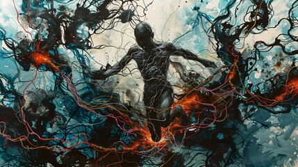Digital composite of running man with blood splashes
