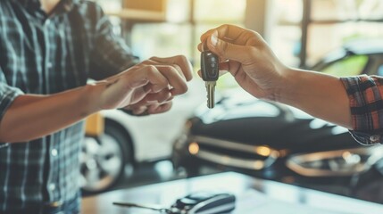 Young man receives a key from car salesman. After agreeing to a contract for rent or sale of a car at workshop, loan car, insurance, sale, buying car and finance concept. - obrazy, fototapety, plakaty