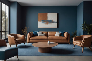 Luxuriöses Wohnzimmer mit cognacfarbenem Ledersofa und modernem Rundtisch auf blauem Teppich