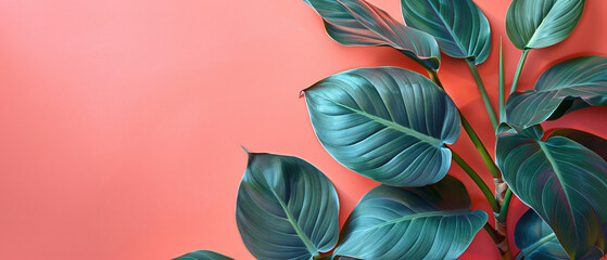 Philodendron tropical leaves on coral color background - obrazy, fototapety, plakaty