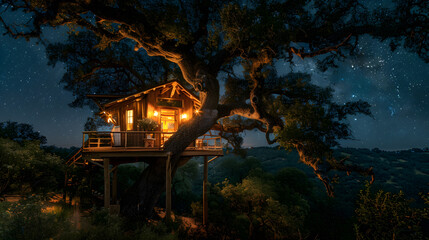 A treehouse built around a massive oak tree, with the trees sprawling branches framing the structure, during a magical starry night