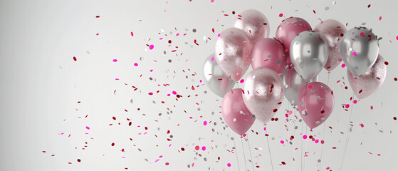 Pink and silver balloons with foil confetti falling on