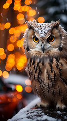 owl with striking orange eyes, perched elegantly on a branch of a lavishly decorated Christmas tree сreated with Generative Ai