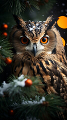 owl with striking orange eyes, perched elegantly on a branch of a lavishly decorated Christmas tree сreated with Generative Ai