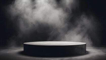 A black 3D product display podium stage, highlighted by dynamic lighting against a dark, smoky...