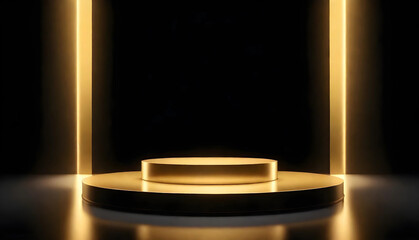 Gold podium on a black background 3D product stage golden platform for product display. an abstract...