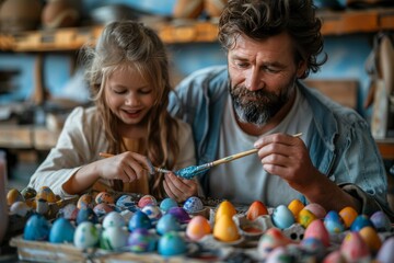 Father shares a creative moment with his daughter as they paint Easter eggs together, showcasing family craft time