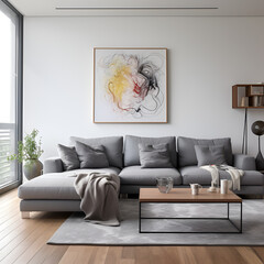 Modern Living Room Grey Cor with Pouf and Wooden Table