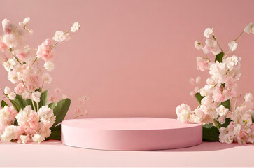 3D podium with spring flowers product beauty display on a pink background. 3D podium stand for...