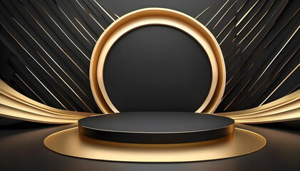 Gold black podium background 3D golden product stage dark platform for product display. an abstract...