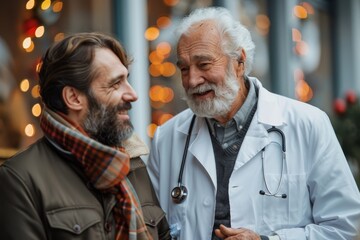 A senior doctor with a gray beard converses with a male patient outside, with festive lights in the background