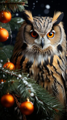 owl with striking orange eyes, perched elegantly on a branch of a lavishly decorated Christmas tree сreated with Generative Ai