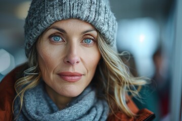 A pensive woman wearing a beanie and winter coat gazes off into the distance with a thoughtful expression