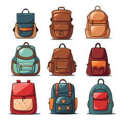 Colored backpacks set. School backpack, sport and travel bag different shape . Education and study back to school, schoolbag luggage, rucksack vector illustration