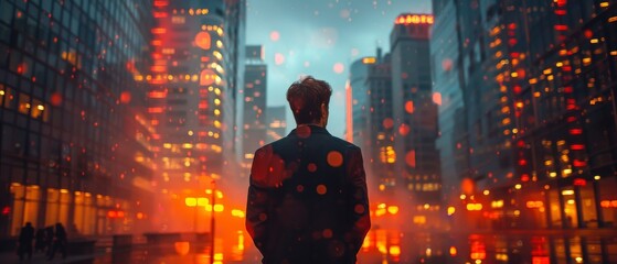 A striking urban night scene capturing a man standing amidst a bustling cityscape bathed in neon lights
