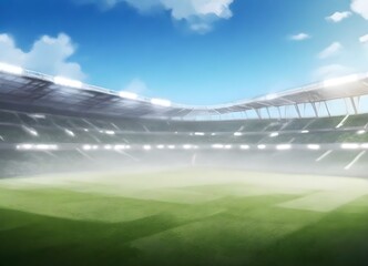 Empty soccer stadium with green grass field under a clear sky with clouds
