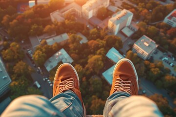 Adventurous person sitting with their feet dangling from a high vantage point above the city at sunset - Powered by Adobe