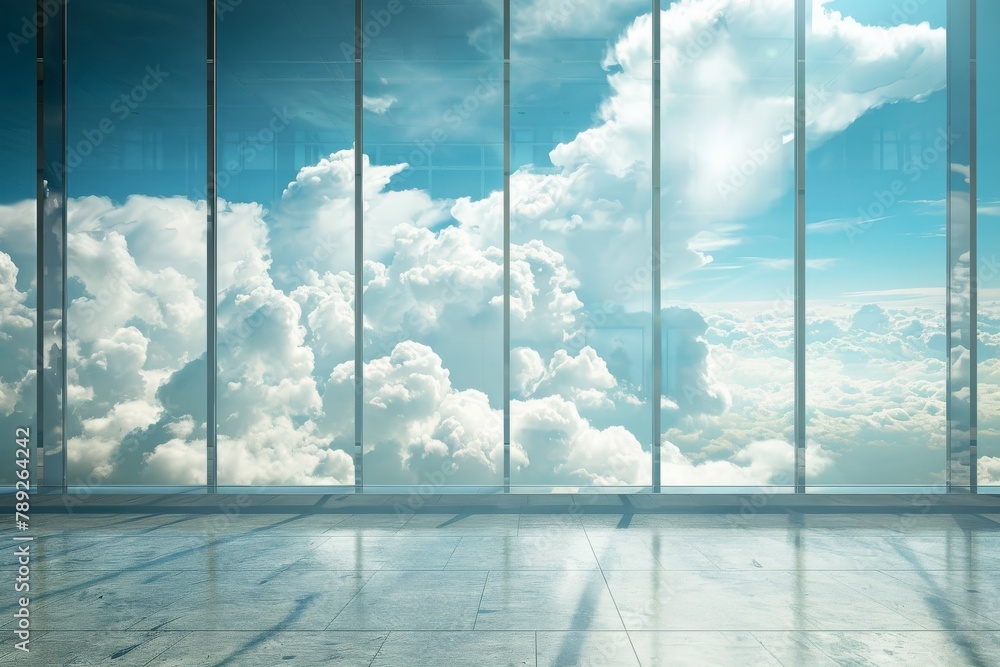 Poster inside view from a modern structure observing the vast cloudy sky through the glass