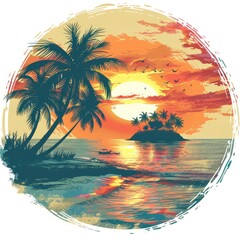T-shirt design in round shape vector style clipart sunrise over a tropical island, isolated on white background